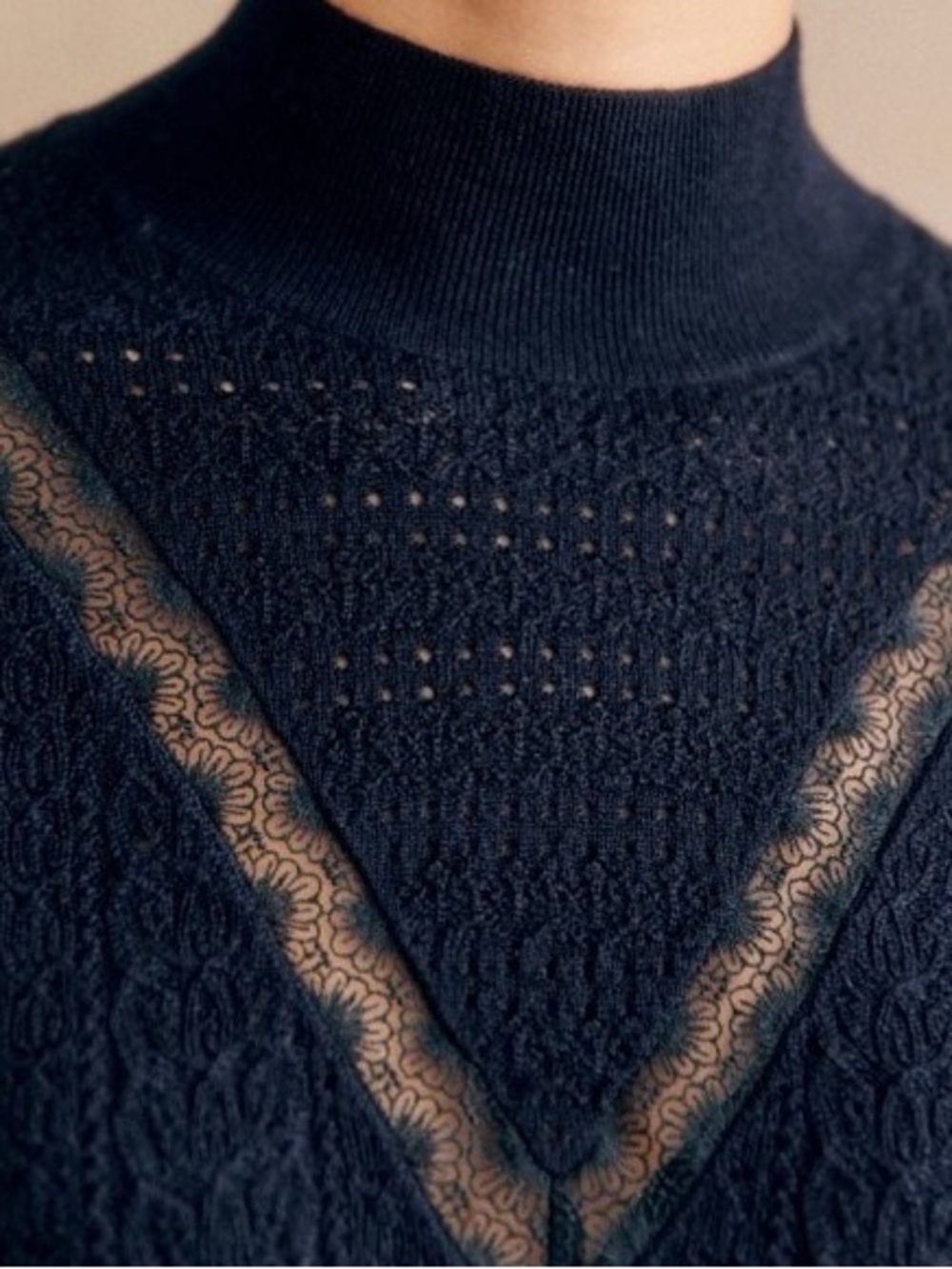 Sezane Anneli Sweater 100% Merino Wool Navy Lace-Inset Mockneck Pointelle Knit M - Picture 2 of 13